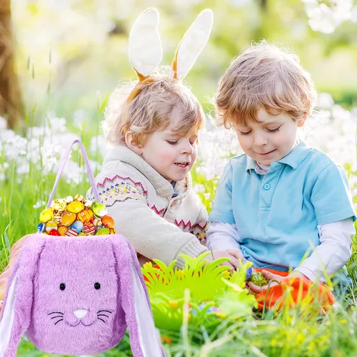 Miniatura 4 de Cesta de conejo de Pascua de felpa, cubos de Pascua con monograma con orejas largas de felpa, bolsas de regalo de Pascua para caza de huevos, bolsas