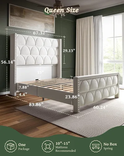 Miniatura 2 de OHOHOLIVE Marco de cama tamaño Queen con cabecero de 56 pulgadas, marco de cama tapizado de terciopelo con plataforma con respaldo de alas, sin Crema