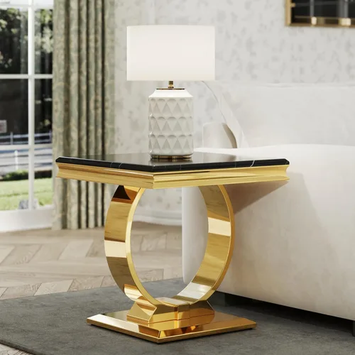 Miniatura 7 de ACEDÉCOR Moderno juego de mesa de centro de 4 piezas, dorado, mesa de mármol sintético, incluye mesa auxiliar, 2 mesas auxiliares, mesa consola, Oro