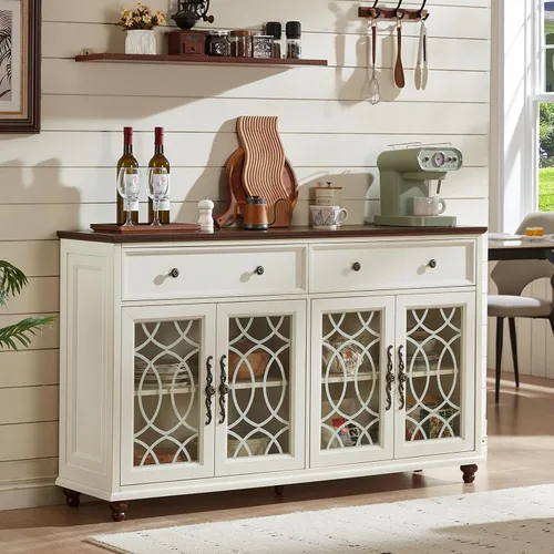 Miniatura 23 de Joaxswe Aparador de estilo rústico con almacenamiento, credenza grande de 59 pulgadas con 4 puertas de vidrio y 2 cajones, estantes ajustables, mesa