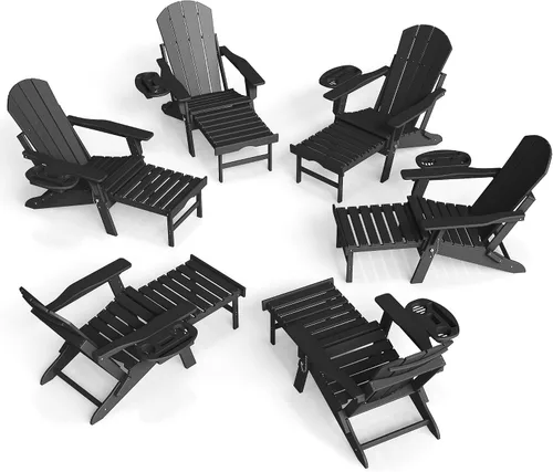 Miniatura 21 de FOOWIN Silla Adirondack plegable ajustable con otomana retráctil, silla Adirondack de polietileno de alta densidad con bandejas 4 en 1, resistente a