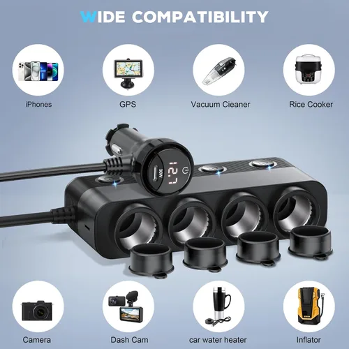 Miniatura 8 de Cargador de coche divisor de encendedor de cigarrillos, 300 W, 4 enchufes, adaptador de 12 V con doble PD 36 W y QC3.0 USB C multipuerto