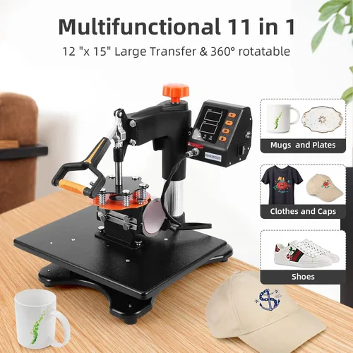 Miniatura 2 de Máquina de prensa de calor de 12 x 15 pulgadas, máquina de prensado digital de camisetas con giro de 360°, 11 en 1, combo de sublimación