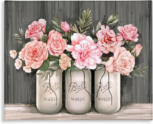 Stupell Industries Ramos de rosas rosadas en flor, tarros rústicos de campo, diseñados por Ziwei Li, arte de pared en lienzo, color gris