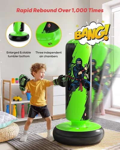 Miniatura 5 de QPAU - Saco de Boxeo para Niños, Bolsa de Boxeo Inflable Estable de 66 Pulgadas con Guantes de Boxeo, Soporte, Juguetes de Boxeo para Niños de 6 a