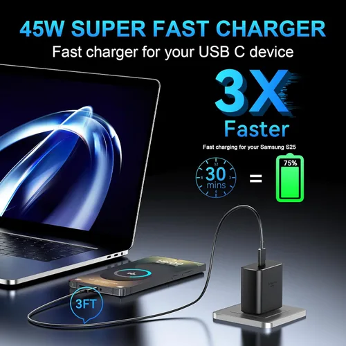 Miniatura 6 de Cargador USB C súper rápido de 45 W, cargador tipo C, bloque de carga rápida para teléfono Android con cable de carga tipo C de 3 pies para Samsung