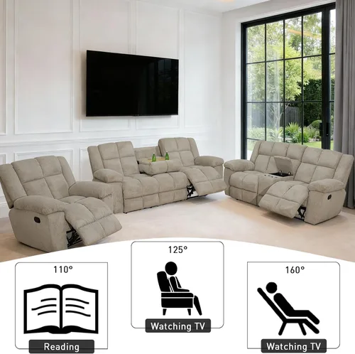 Miniatura 3 de Juego de sofá reclinable seccional con almacenamiento, juegos de muebles de pana para sala de estar, juego de sofá reclinable con portavasos, Beige