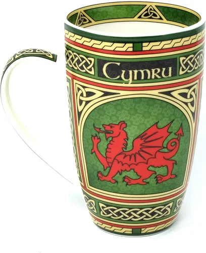 Taza de café de porcelana de Gales - Taza de porcelana de dragón rojo galés con diseño de nudos celtas irlandeses, hecha de porcelana de hueso