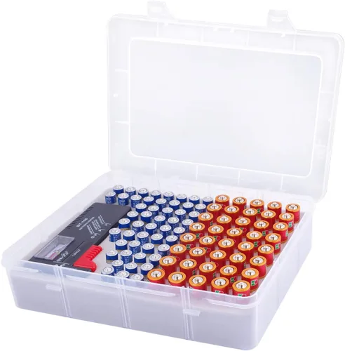 Caja organizadora de almacenamiento de batería ALCYON con probador de batería, caja de almacenamiento para garaje con espacio para 90 baterías o