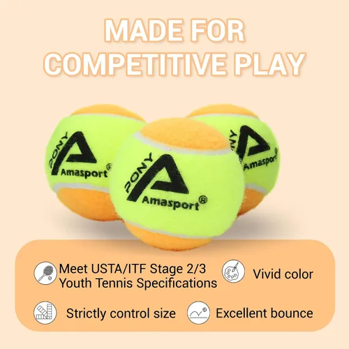 Miniatura 2 de AMA SPORT Pelotas de tenis para niños 25%-50%-75% de baja compresión para niños, pelotas de tenis para principiantes, entrenamiento juvenil, pelota