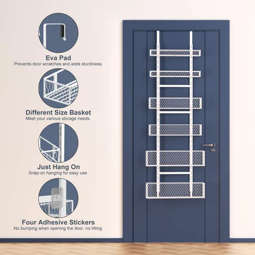 Miniatura 3 de Bunoxea Organizador de despensa de 6 niveles para colgar sobre la puerta, estante de especias colgante con cesta ajustable, estantes para colocar