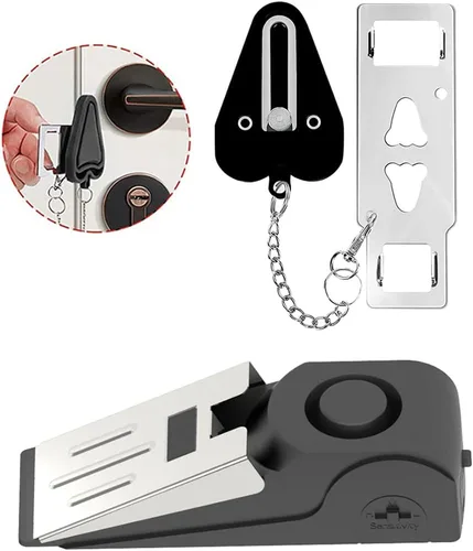 Paquete de 2 alarmas portátiles de tope de puerta y cerradura de puerta, dispositivos mejorados de seguridad para el hogar, tope de puerta de