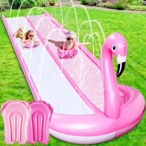 Miniatura 8 de Foilswirl Tobogán acuático de pato 3D de 20 pies, tobogán de agua de doble carril, valla segura de 3 caras, inflable resistente con 2 tablas