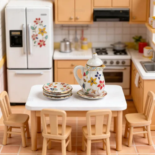 Miniatura 6 de AUEAR, Juego de 15 piezas de té de porcelana en miniatura 1:12 Miniatur Plato Taza Plato Accesorios Clásicos de Cocina (Patrón de Hoja Dorada)