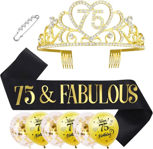 Miniatura 9 de Kit de tiara y banda de cumpleaños número 75 – '75 y fabuloso' banda negra y corona de diamantes de imitación dorados para mujer 75 cumpleaños