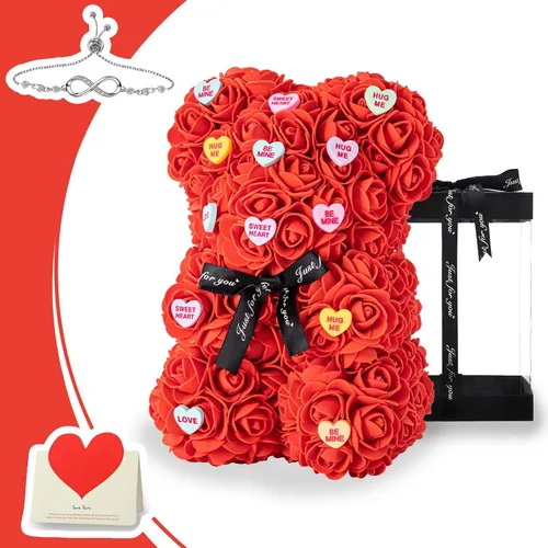 Miniatura 9 de U UQUI - Oso de peluche de rosas de Navidad, regalo para el Día de San Valentín, para esposa, novia, oso de peluche artificial en caja con tira