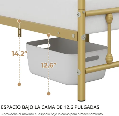 Miniatura 8 de Yaheetech Base de cama clásica de metal con base de colchón con estilo victoriano, cabecera, estribo, almacenamiento debajo de la cama, no necesita
