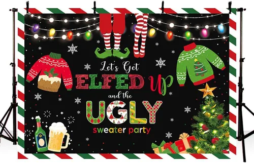 Miniatura 2 de MEHOFOND Telón de fondo de Feliz Navidad de 7 x 5 pies con texto en inglés "Let's Get Elfed up and The Ugly Sweater Party Fotografía", rojo y verde