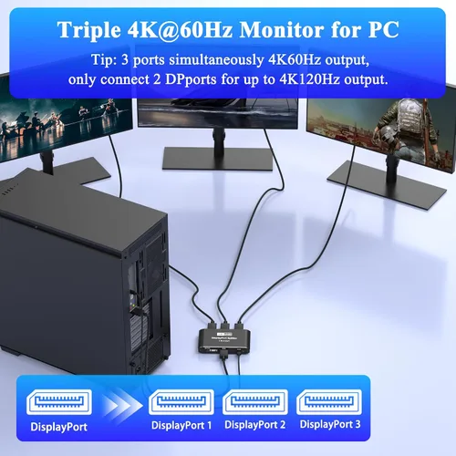 Miniatura 2 de Displayport Splitter 1 en 3 salidas, 8K @60Hz, 4K @120Hz, Resolución DP 1.4 DisplayPort Switcher Box, soporte DSC, conmutador de puerto de pantalla