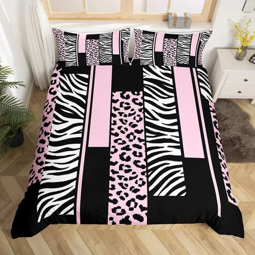 Miniatura 11 de Juego de ropa de cama con estampado de cebra de leopardo, tamaño Queen, para niños, color verde azulado, blanco, negro, juego de funda de edredón