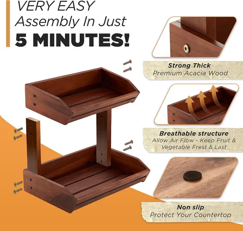 Miniatura 3 de HOLANA Cesta de frutas de 2 niveles de acacia para organizador de encimera de cocina – Tazón de frutas de madera y cesta de madera