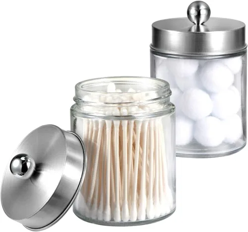 Miniatura 10 de Amolliar Juego de 2 organizadores de almacenamiento de vidrio para tocador de baño, recipiente de encimera con tapas de metal y calcomanías, tarros