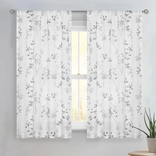 Miniatura 13 de Beauoop 2 paneles de cortinas semitraslúcidas de lino floral de 54 pulgadas de largo, para sala de estar o dormitorio, cortinas rústicas con textura
