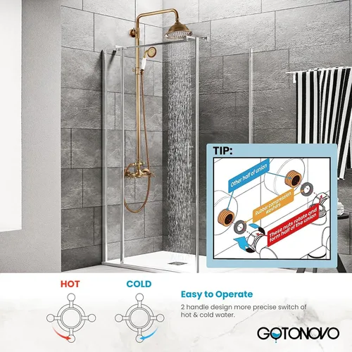 Miniatura 4 de gotonovo Juego de Grifo de Ducha de Latón Antiguo Expuesto para Baño con Estante de Ducha Cabezal de Ducha de Lluvia de 8 Pulgadas Manija Cruzada