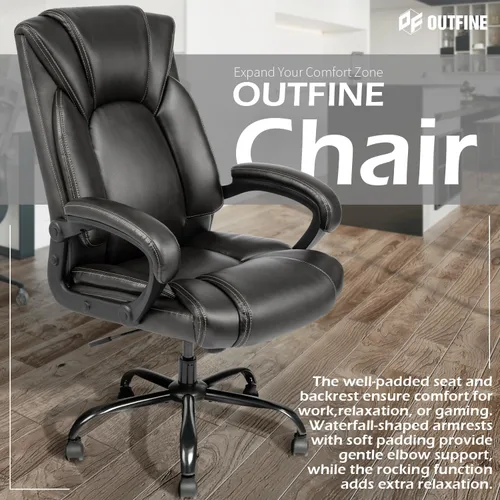 Miniatura 8 de OUTFINE Silla de Oficina Silla de Oficina Ejecutiva Silla de Escritorio Silla de Computadora con Cojín de Resorte de Cuero Resistente a la Negro
