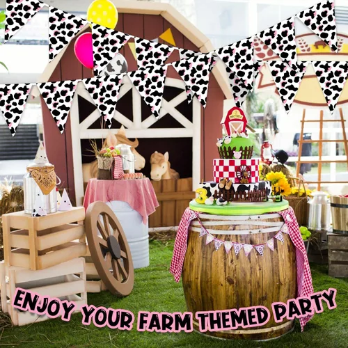 Miniatura 3 de Paquete de 6 banderines con estampado de vaca, color rosa y negro para decoración de fiesta de vaquero occidental, baby shower, temática