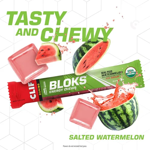 Miniatura 4 de CLIF BLOKS - Sabor sandía salada con 2X sodio - Masticables energéticos - Sin OGM - A base de plantas - Combustible rápido para ciclismo y correr