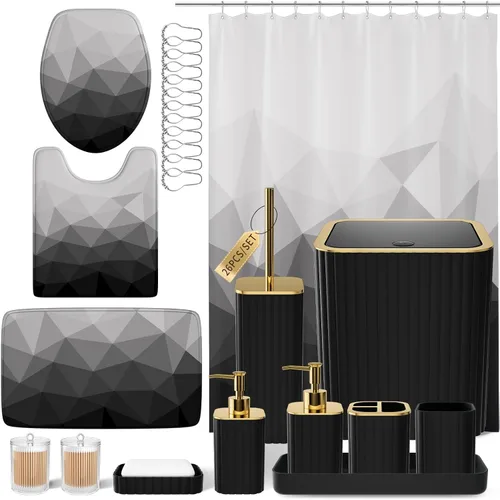 Miniatura 26 de XLHOMO Juego de baño – Juego de baño de 26 piezas con cortina de ducha y alfombras, juego de accesorios de baño, juego de accesorios de baño negro