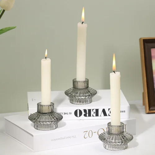 Juego de 3 portavelas reversibles, cónicos de cristal gris y candelita para centro de mesa, boda, fiesta, decoración del hogar