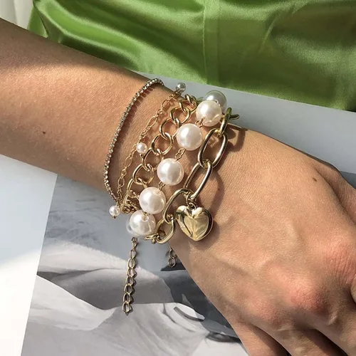 Miniatura 5 de Zeelina Pulsera de gargantilla de diamantes de imitación con cadena de clip de perlas doradas apilable ajustable conjunto de joyería de moda