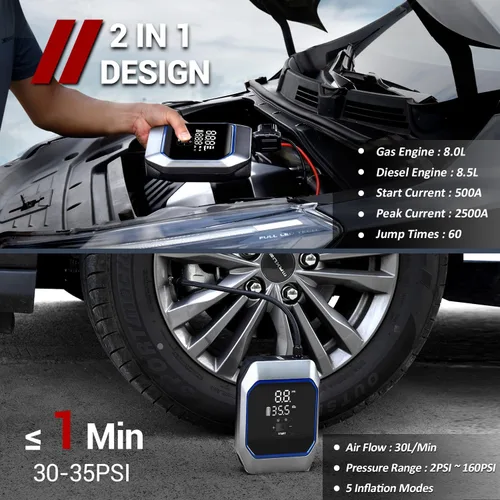 Miniatura 2 de Arrancador de salto con compresor de aire, paquete de batería portátil de 2500 A (8.5 gas/8.0L diesel) 160PSI 20000mAh inflador de neumáticos