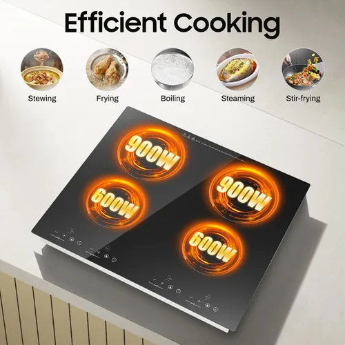 Miniatura 2 de Placa de cocción eléctrica de 4 quemadores de 110V, placa de cocción portátil de 23 pulgadas con pantalla LED, bloqueo de seguridad para niños