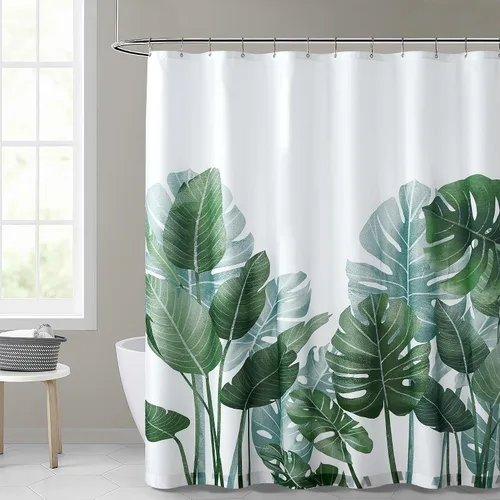 KGORGE Cortinas de ducha para baño, diseño de hojas tropicales sobre fondo blanco, cortina inodora, para baño, ducha y tina, 72 x 72 pulgadas de