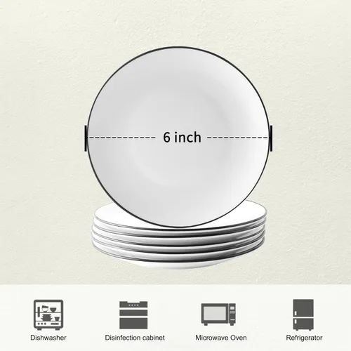 Miniatura 3 de YOLIFE Juego de 6 platos pequeños de porcelana para postre, platos de cerámica con borde negro de 6 pulgadas, platos para servir aperitivos