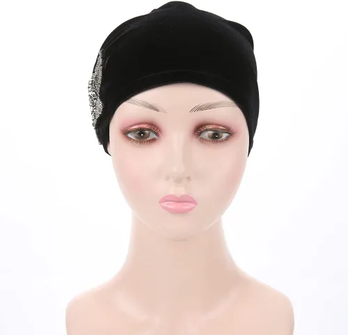 Miniatura 8 de YiYi Operation Gorro de terciopelo elástico para mujer, gorro de quimioterapia con cuentas de flores para el cabello