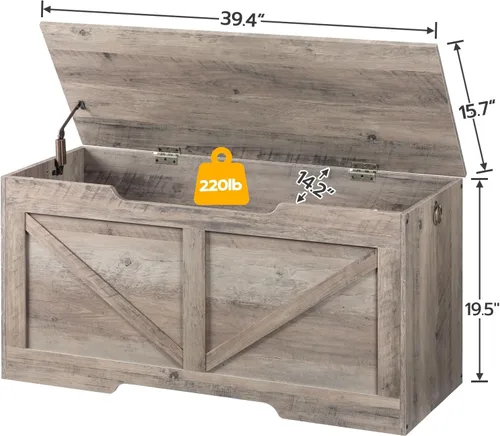 Miniatura 6 de HOOBRO Banco de almacenamiento, baúl de almacenamiento de madera retro de 39.4 pulgadas con tirador recortado en forma de U, bisagra de seguridad