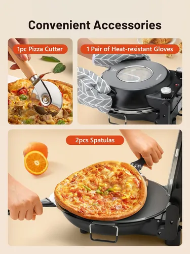 Miniatura 6 de Horno de pizza eléctrico para interiores con piedra de cerámica esmaltada, horno de pizza portátil de 12 pulgadas con temporizador ajustable, Negro
