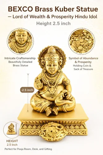 Miniatura 2 de BEXCO Estatua de latón Kuber - Señor de la riqueza y la prosperidad ídolo hindú, altura 2.5 pulgadas