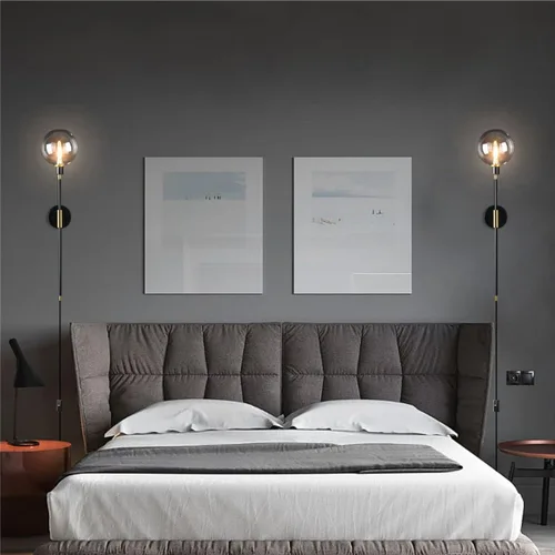 Miniatura 6 de KCO Apliques de pared con enchufe de 1 luz, cable de interruptor de encendido/apagado, lámpara de pared moderna negra con brazo largo de globo
