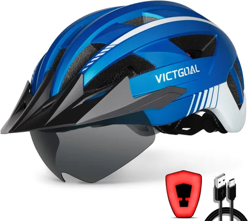 Miniatura 13 de VICTGOAL Casco de bicicleta con luz trasera recargable por USB, gafas magnéticas desmontables, visera solar extraíble, cascos de bicicleta
