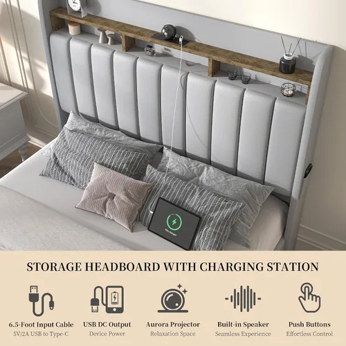 Miniatura 4 de SIBEDS Base de cama Queen con cabecera de almacenamiento de 2 niveles, cama de plataforma Aurora de piel sintética con proyector Galaxy Star, base