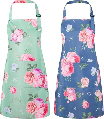Paquete de 2 delantales florales para mujer con bolsillos, delantal de cocina ajustable para cocinar, hornear, jardinería, manualidades