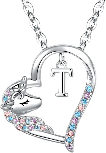 Miniatura 41 de Anoup Collar con inicial de unicornio, chapado en oro de 14 quilates, hipoalergénico con circonita cúbica, colgante de diamante simulado, joyería