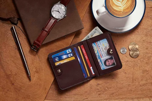 Miniatura 6 de Gostwo - Cartera compacta de piel genuina de lujo para mujer con bloqueo de RFID y ventana de identificación