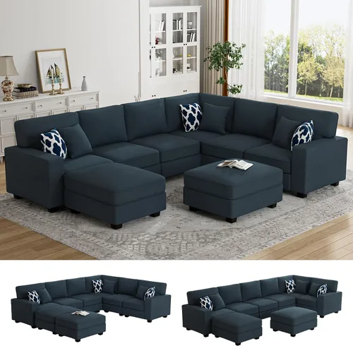Miniatura 28 de Legend Vansen - Sofá modular seccional en forma de U con otomano, moderno, reversible, de esquina, para sala de estar (Créma, Sofá en forma de U-3)