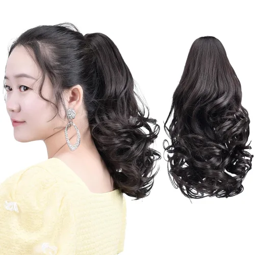Miniatura 41 de Extensión de cola de caballo negra con clip de garra, ondulada, 10 pulgadas, 3.5 onzas, sintético, como verdaderos, postizos, para mujer, Yaki